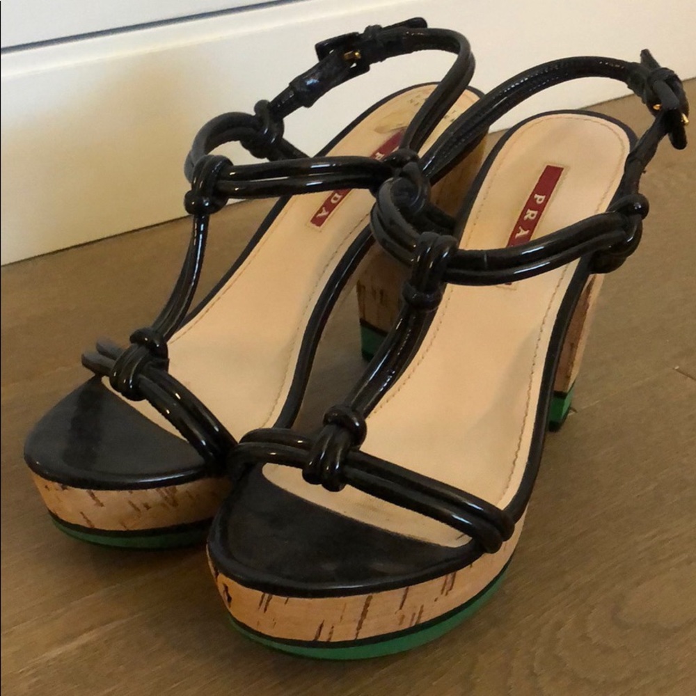 Prada Black Patent Knot T-Strap Cork Platform Sandals with Green Sole